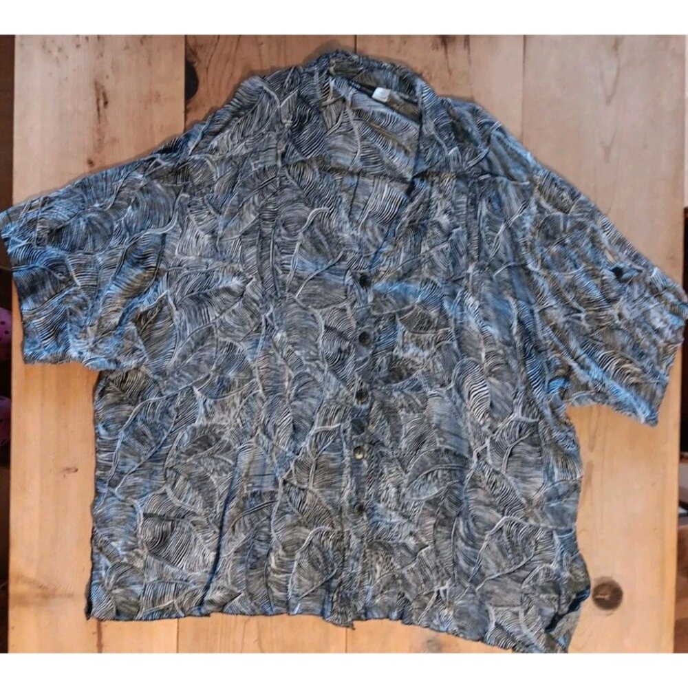 Vtg MiB Womens Plus K 5X Blouse Top Button Front Floral Rayon Black Open Back - Picture 1 of 7
